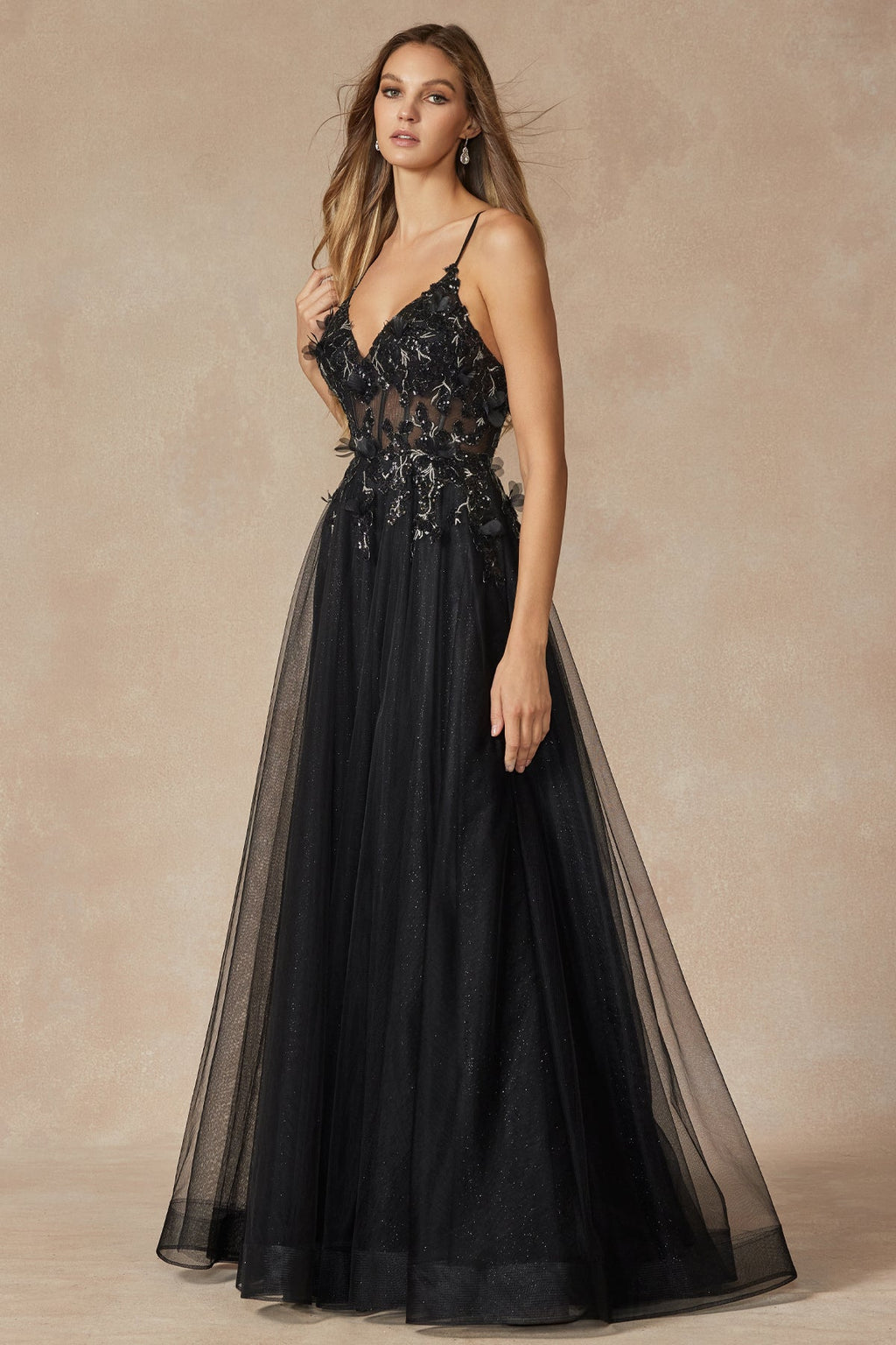 Sequin Butterfly Embroidered Boned Bodice Long Prom Dress JT2401