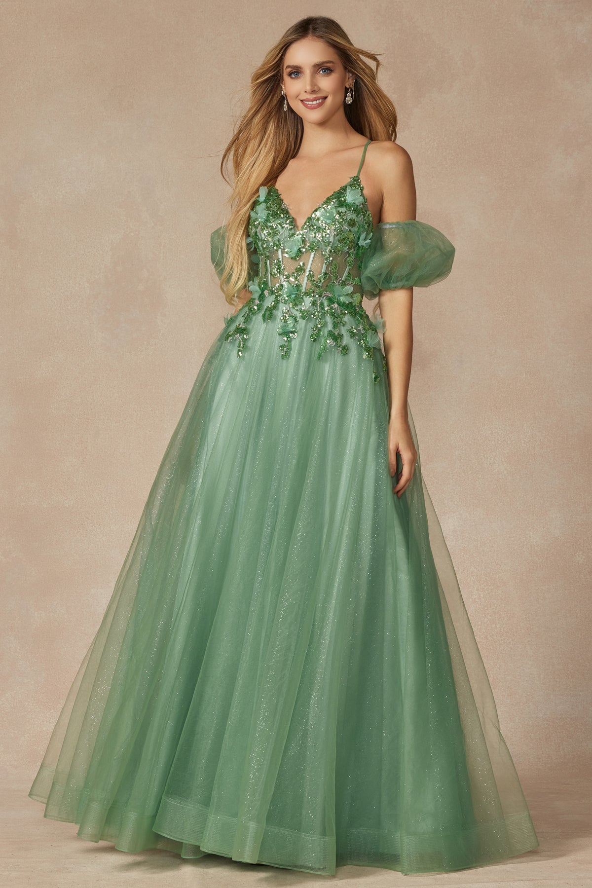 Sequin Butterfly Embroidered Boned Bodice Long Prom Dress JT2401