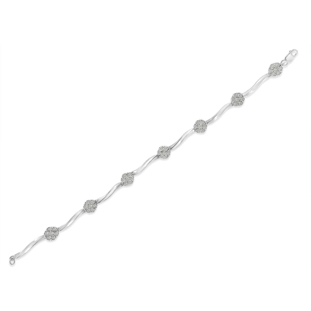 .925 Sterling Silver 1/4 Cttw Diamond Cluster Miracle-Set Station & Twisted Bar 7" Tennis Bracelet (H-I Color, I2-I3 Clarity)