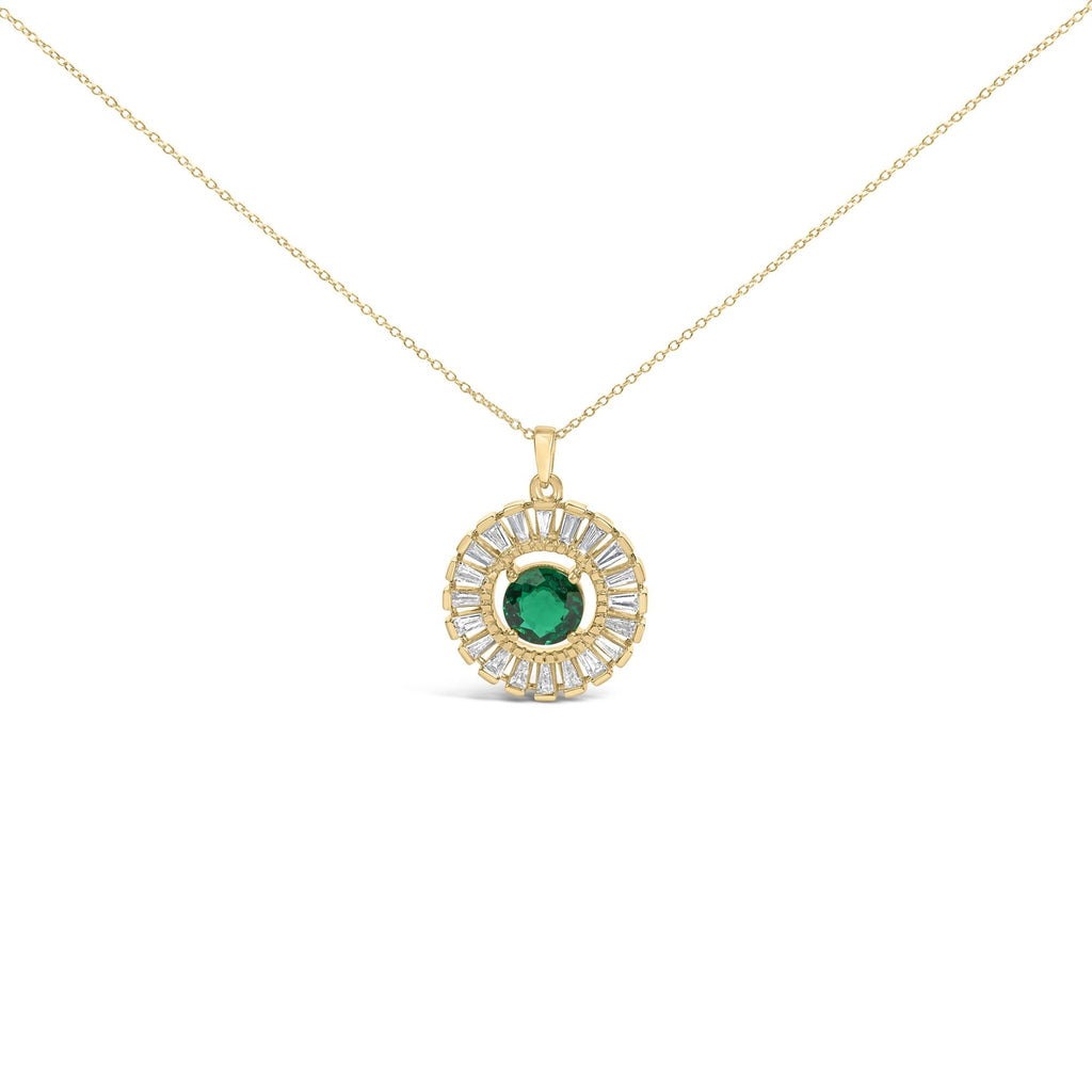 14K Yellow Gold Plated Silver Lab Grown Emerald and Diamond Sunburst Medallion Pendant Necklace
