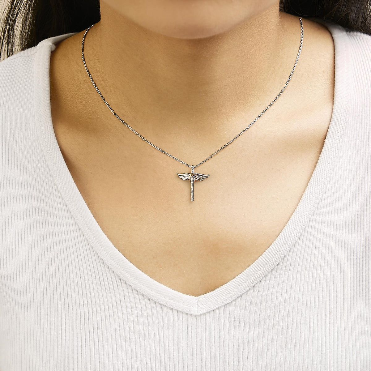 14K Rose Gold Plated Sterling Silver 1/5 Cttw Diamond Wing Cross Pendant Necklace