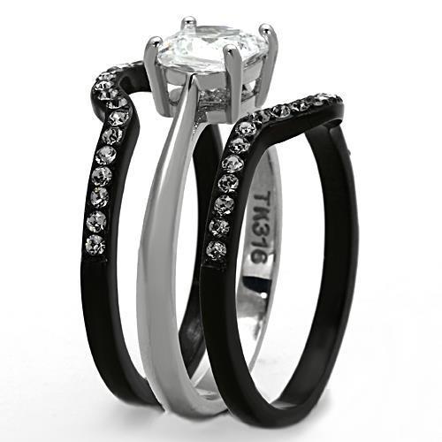 LOTK1343 - Two-Tone IP Black Stainless Steel Ring with AAA Grade CZ  in Clear