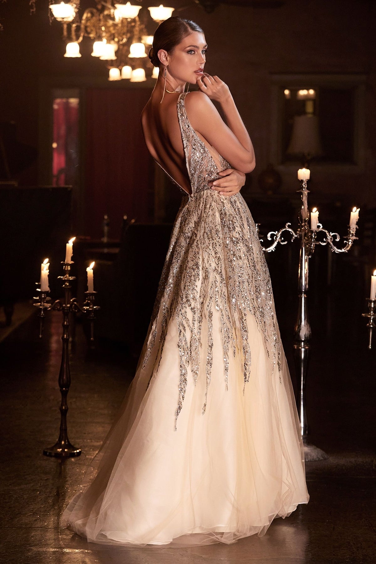 Sequins Embellished Long Graduation Gown w/ Layered Skirt & V-Back CDC135