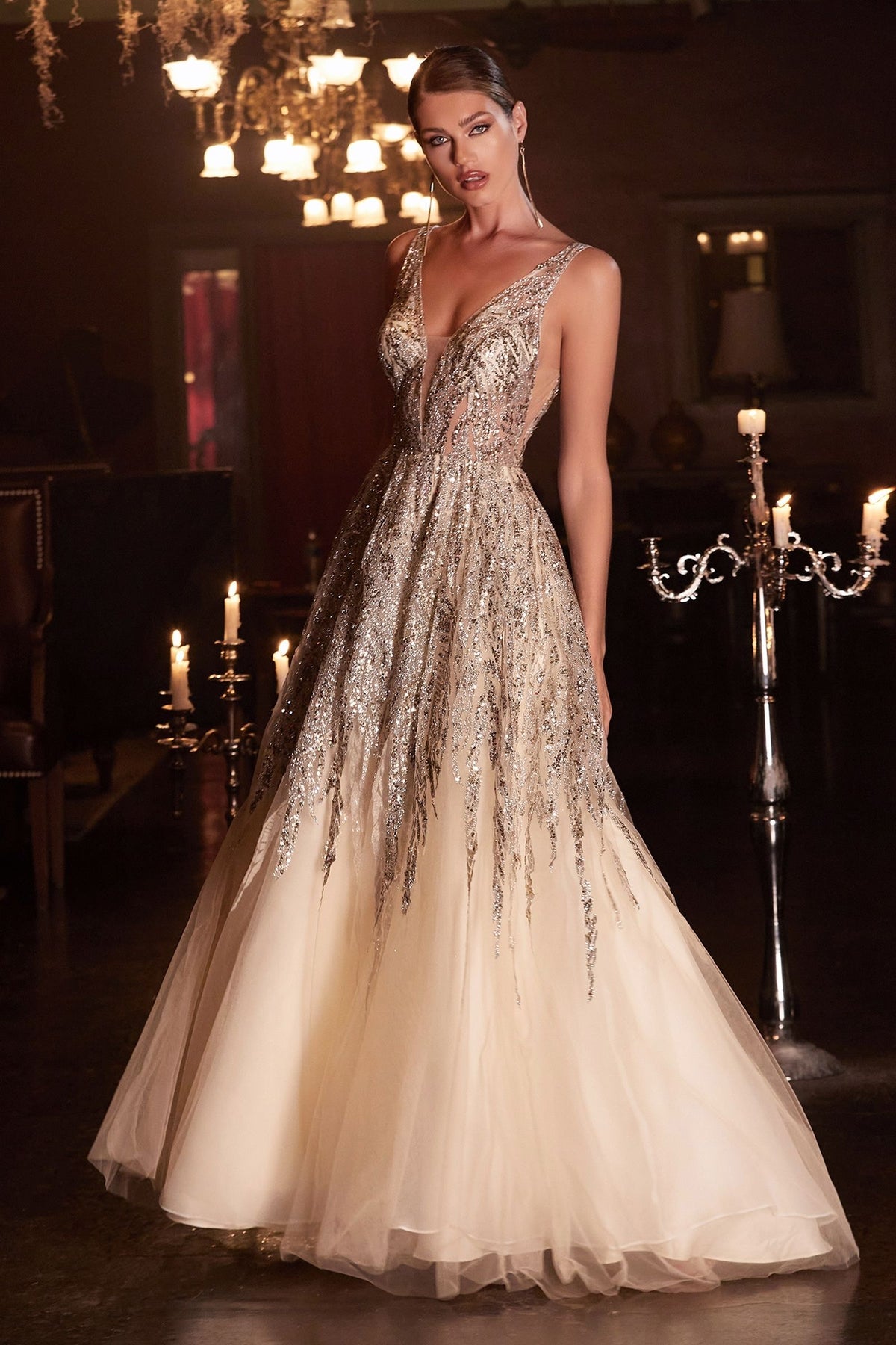 Sequins Embellished Long Graduation Gown w/ Layered Skirt & V-Back CDC135