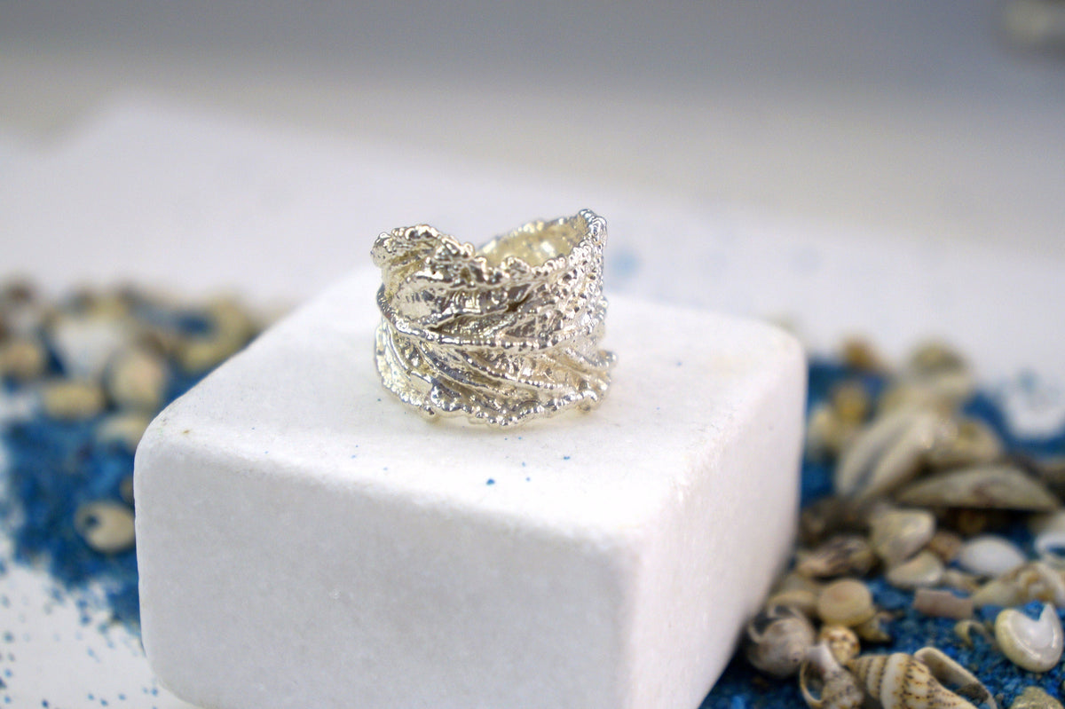 Real Leaf Silver Band Ring, Handmade Statement Jewelry, Organic Botanical Band, Unique Gift for Nature Lovers, Sterling Silver 925