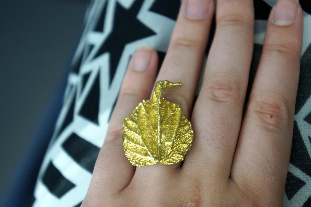 Mulberry Leaf Ring: Handmade 14K Gold Recycled Brass Botanical Jewelry