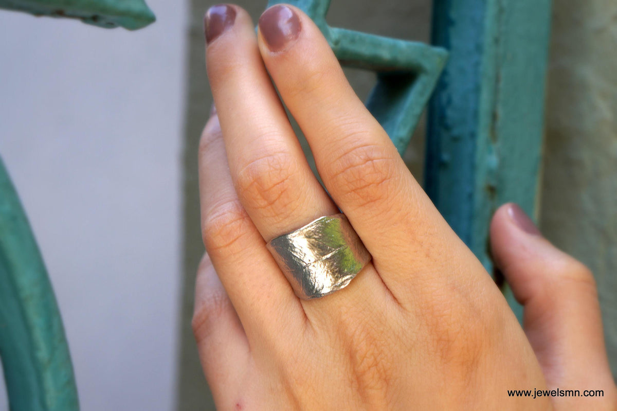 Botanical Olive Leaf Ring, 14K White Solid Gold(Adjustable Wide Band)