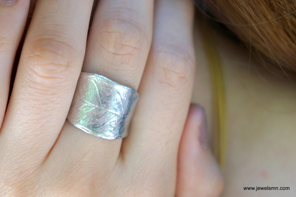 Botanical Olive Leaf Ring, 14K White Solid Gold(Adjustable Wide Band)