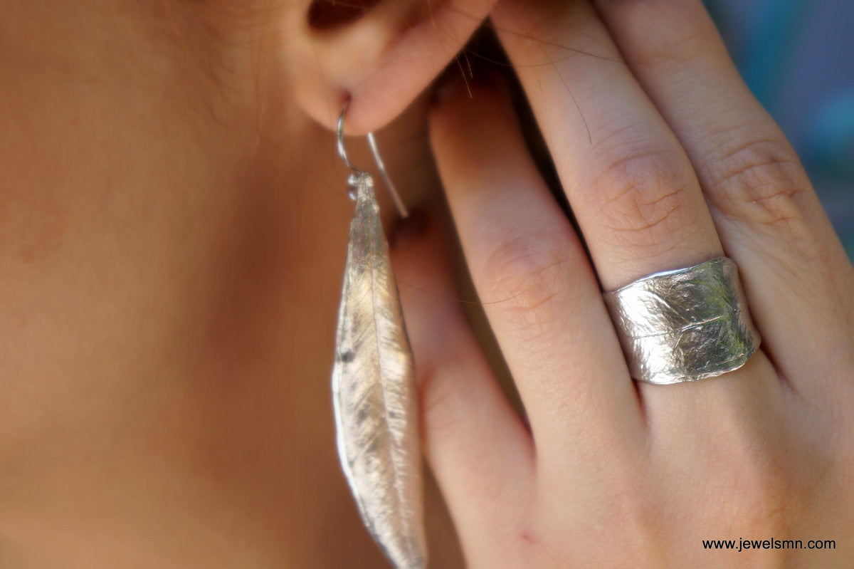 Botanical Olive Leaf Ring, 14K White Solid Gold(Adjustable Wide Band)