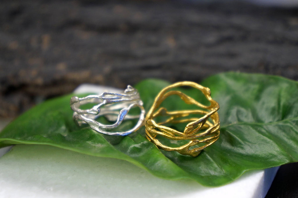 Gold Jasmine Branch Ring, Handmade Minimalist Jewelry, Botanical Organic Band, Gift for Luck & Purity, Eco Sustainable Sterling Silver 925