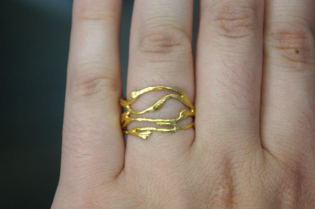 Gold Jasmine Branch Ring, Handmade Minimalist Jewelry, Botanical Organic Band, Gift for Luck & Purity, Eco Sustainable Sterling Silver 925