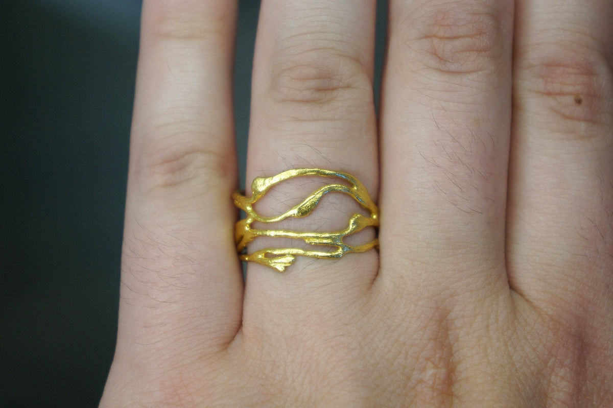 Gold Jasmine Branch Ring, Handmade Minimalist Jewelry, Botanical Organic Band, Gift for Luck & Purity, Eco Sustainable Sterling Silver 925