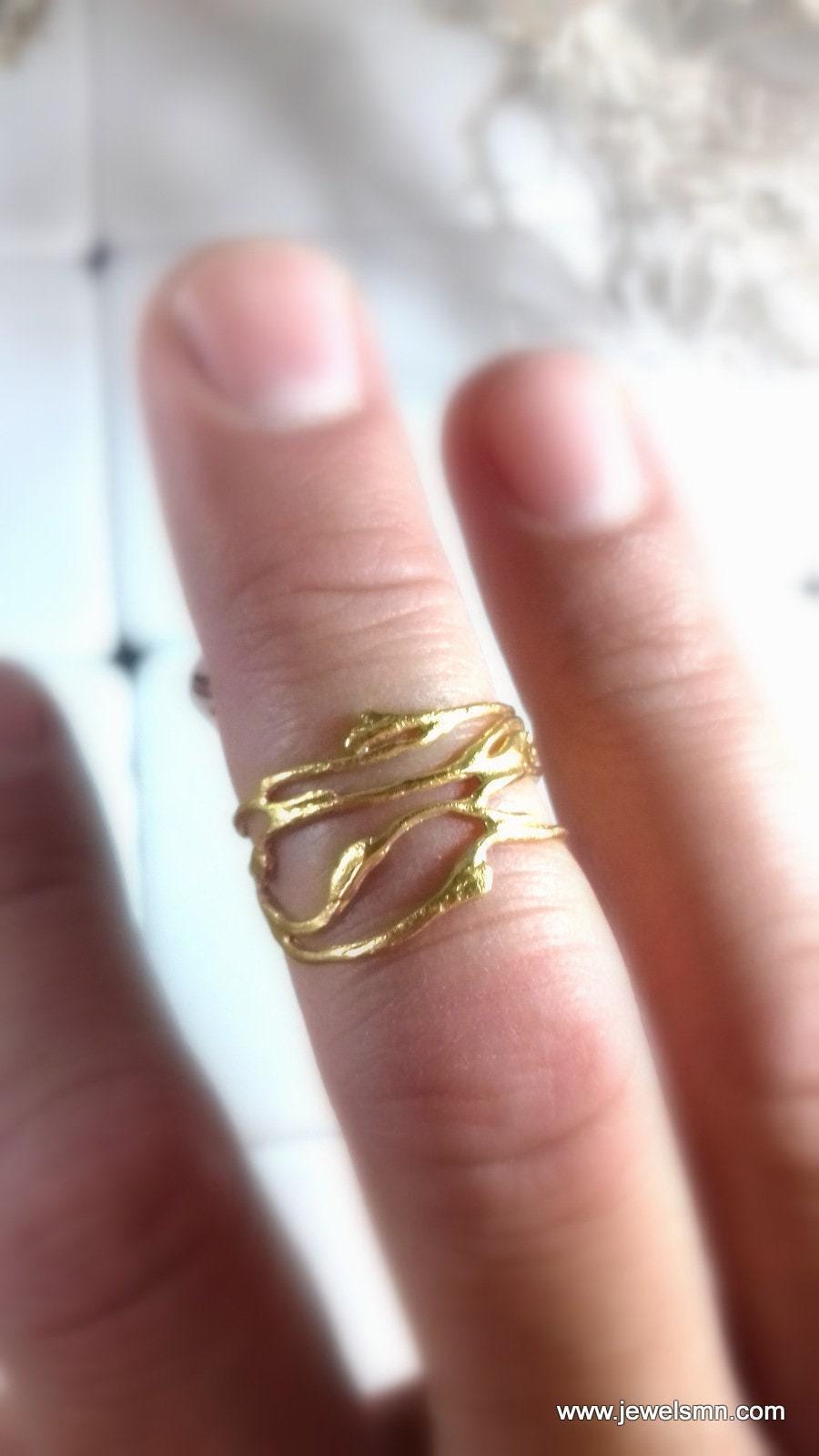 Gold Jasmine Branch Ring, Handmade Minimalist Jewelry, Botanical Organic Band, Gift for Luck & Purity, Eco Sustainable Sterling Silver 925