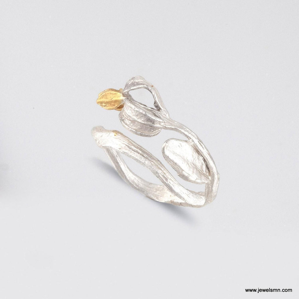 Gold Olive Branch Ring, Handmade Minimalist Jewelry, Organic Tree Band, Gift for Success & Health, Eco Sustainable Sterling Silver 925