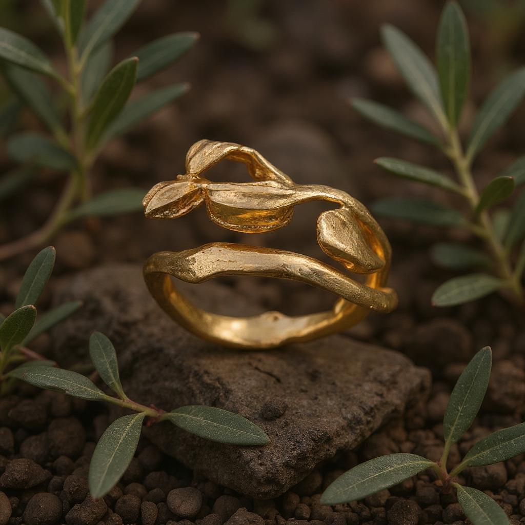 Gold Olive Branch Ring, Handmade Minimalist Jewelry, Organic Tree Band, Gift for Success & Health, Eco Sustainable Sterling Silver 925