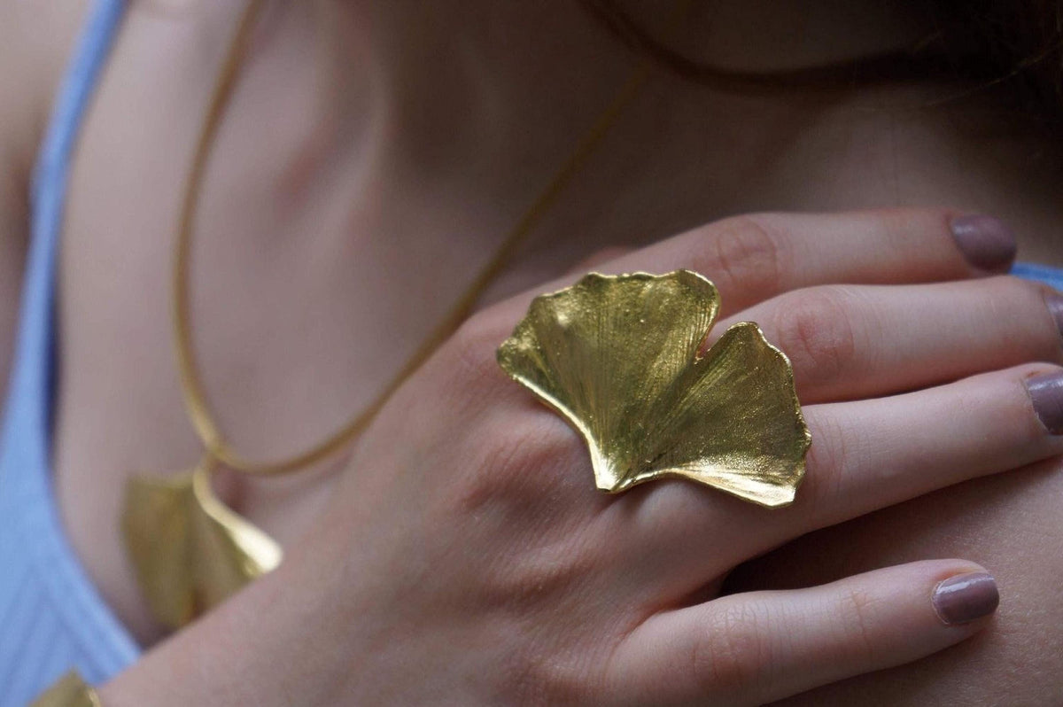 Real Ginkgo Biloba Leaf Ring, 14K Gold Plated Brass Jewelry, Handmade Statement Jewelry Gift for Women, Boho Birthday Gift for Her