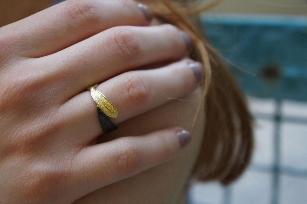 Gold Olive Leaf Ring with Black Rhodium, Handmade Minimalist Jewelry, Organic Tree Band, Gift for Health and Longevity, Sterling Silver 925