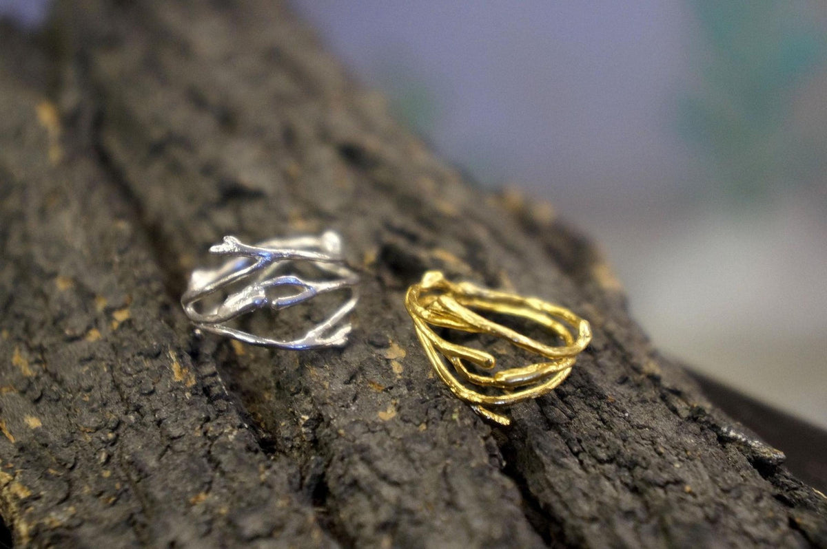 Real Jasmine Branch Gold Ring, Handmade Minimalist Jewelry, Organic Nature Band, Gift for Health & Purity, Sterling Silver 925