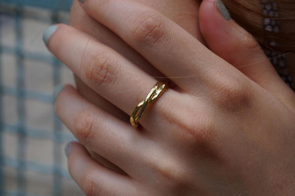 Real Olive Branch Gold Ring, Handmade Minimalist Jewelry, Organic Twig Band, Gift for Victory & Health, Eco Sustainable Sterling Silver 925