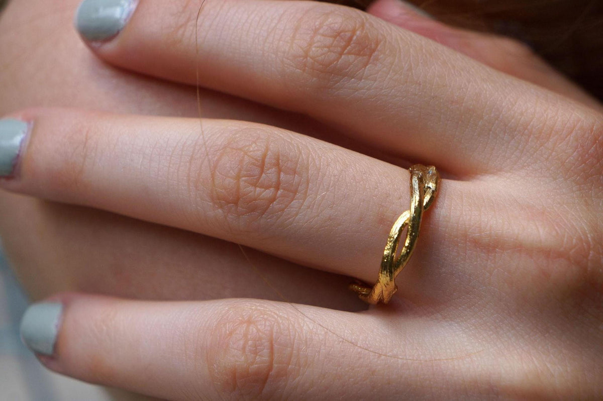 Real Olive Branch Gold Ring, Handmade Minimalist Jewelry, Organic Twig Band, Gift for Victory & Health, Eco Sustainable Sterling Silver 925
