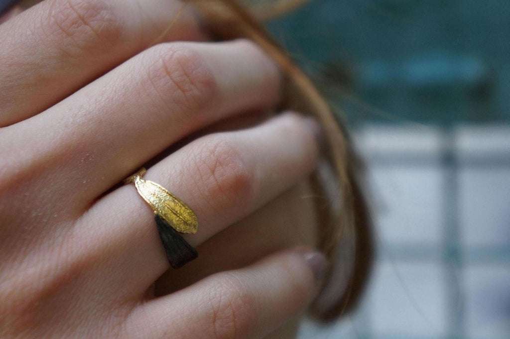 Gold Olive Leaf Ring with Black Rhodium, Handmade Minimalist Jewelry, Organic Tree Band, Gift for Health and Longevity, Sterling Silver 925