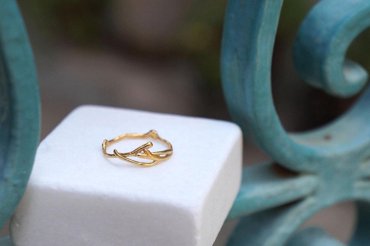 Real Jasmine Branch Ring, Gold Plated Sterling Silver 925 Band, Stack Twig Ring, Handmade Minimalist Jewelry Gift, Birthday Gift for Her