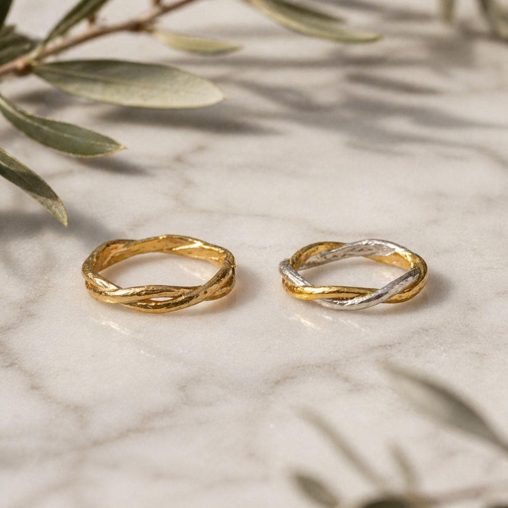 Real Olive Branch Gold Ring, Handmade Minimalist Jewelry, Organic Twig Band, Gift for Victory & Health, Eco Sustainable Sterling Silver 925