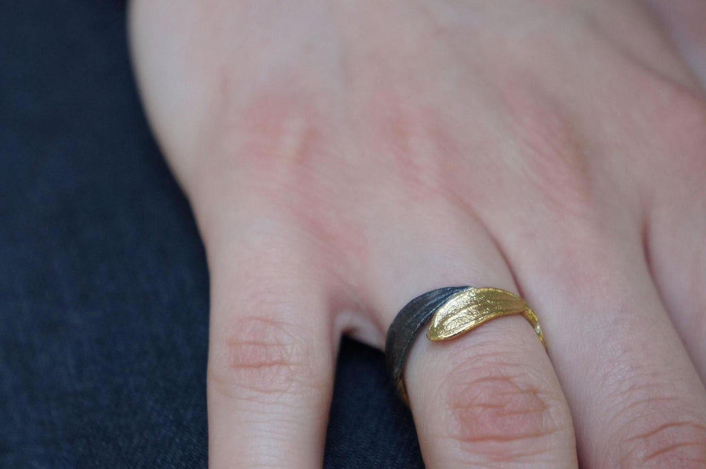 Gold Olive Leaf Ring with Black Rhodium, Handmade Minimalist Jewelry, Organic Tree Band, Gift for Health and Longevity, Sterling Silver 925