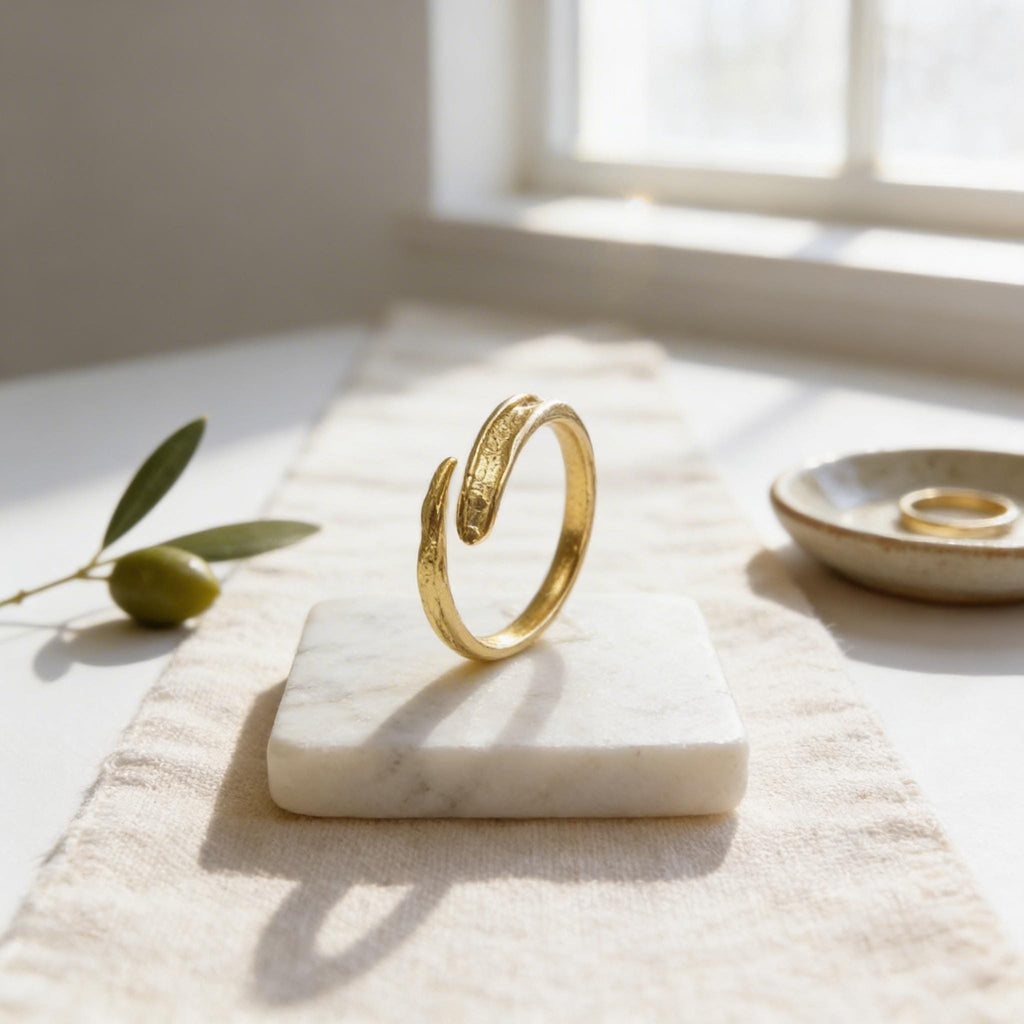 Gold  Olive Twig Ring, Handmade Minimalist Jewelry, Natural Stack Band, Gift for Good Fortune, Eco Sustainable Sterling Silver 925