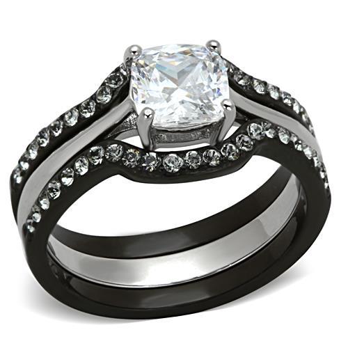 LOTK1343 - Two-Tone IP Black Stainless Steel Ring with AAA Grade CZ  in Clear